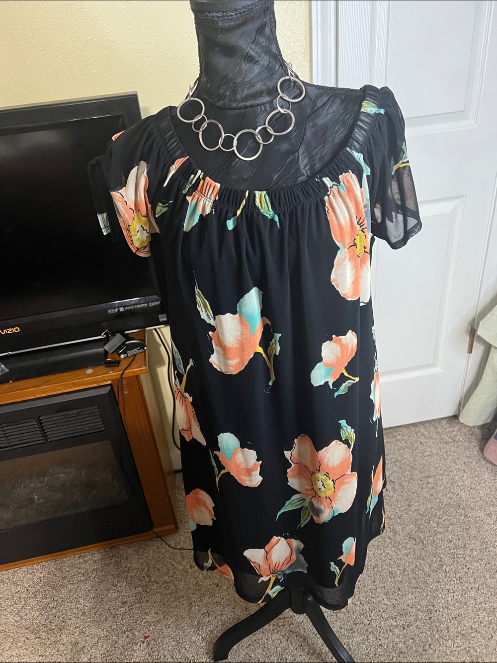Vizio Black Midi Dress with Peach & Teal Floral Print